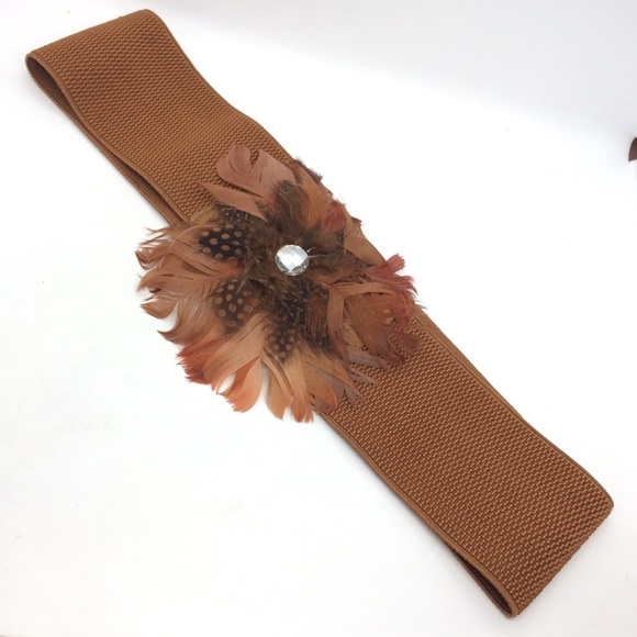 3/$30 VINTAGE FEATHER STRETCH BELT WIDE BROWN RHINESTONE ELASTIC FAUX LEATHER - Picture 5 of 14